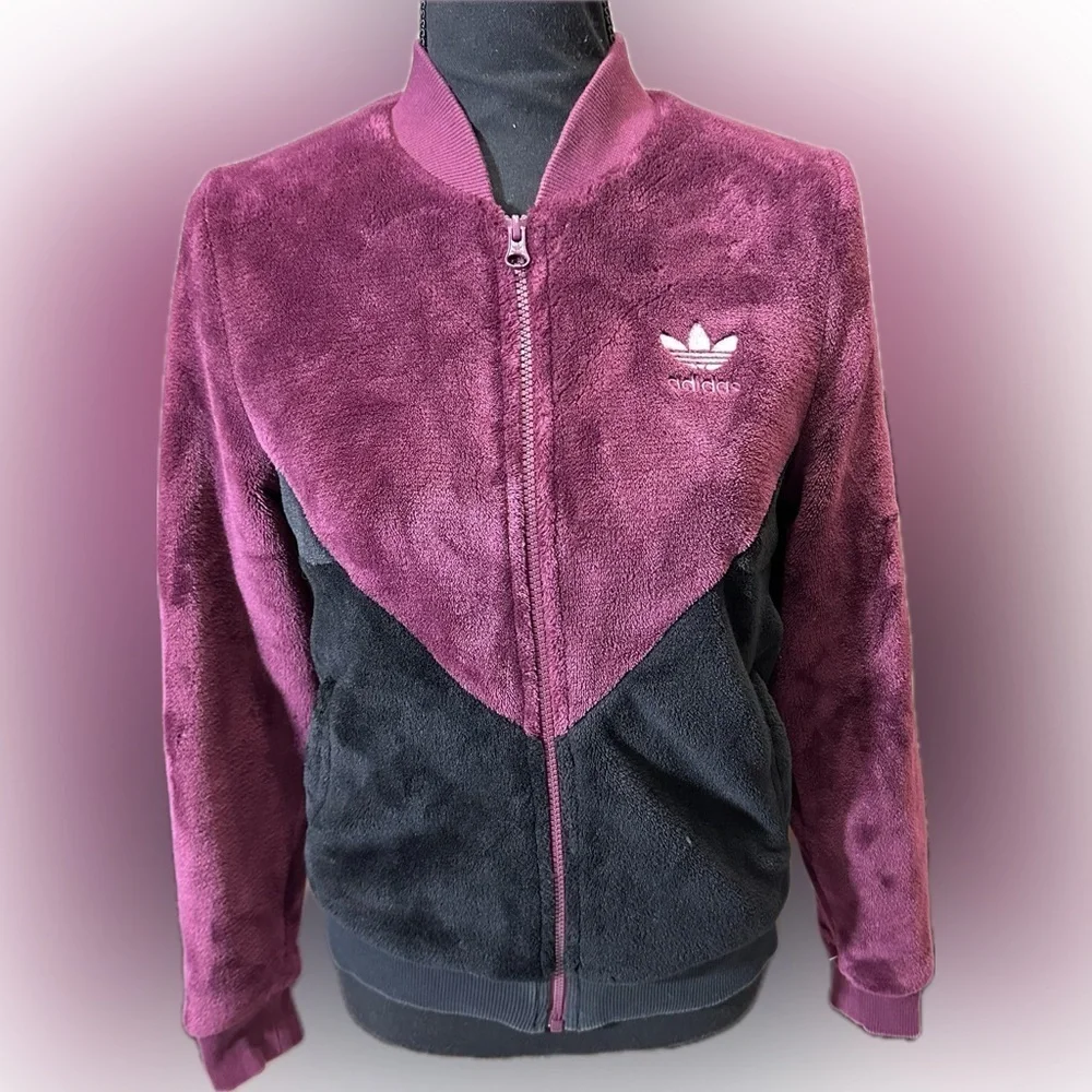 Womens Adidas CLRDO Track Jacket Wine/Blck Velvet Feel - Picture 2 of 10
